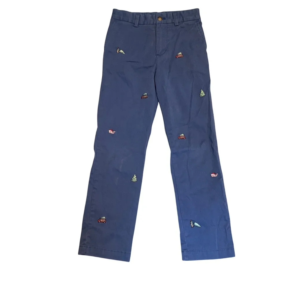 Vineyard Vines Chino Pants Boys 8 Blue Christmas Tree Wagon Whale‎ Embroidered